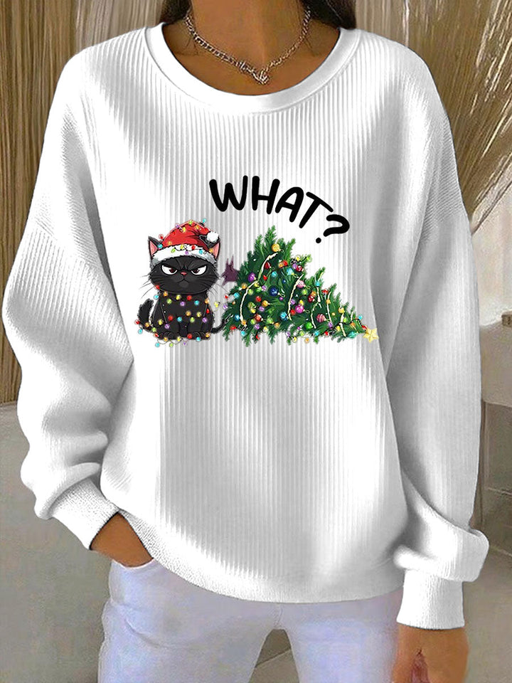 Damen Weihnachts-Ripp-Rundhals-Sweatshirt mit Rundhalsausschnitt und langen Ärmeln