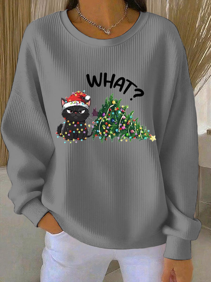 Damen Weihnachts-Ripp-Rundhals-Sweatshirt mit Rundhalsausschnitt und langen Ärmeln