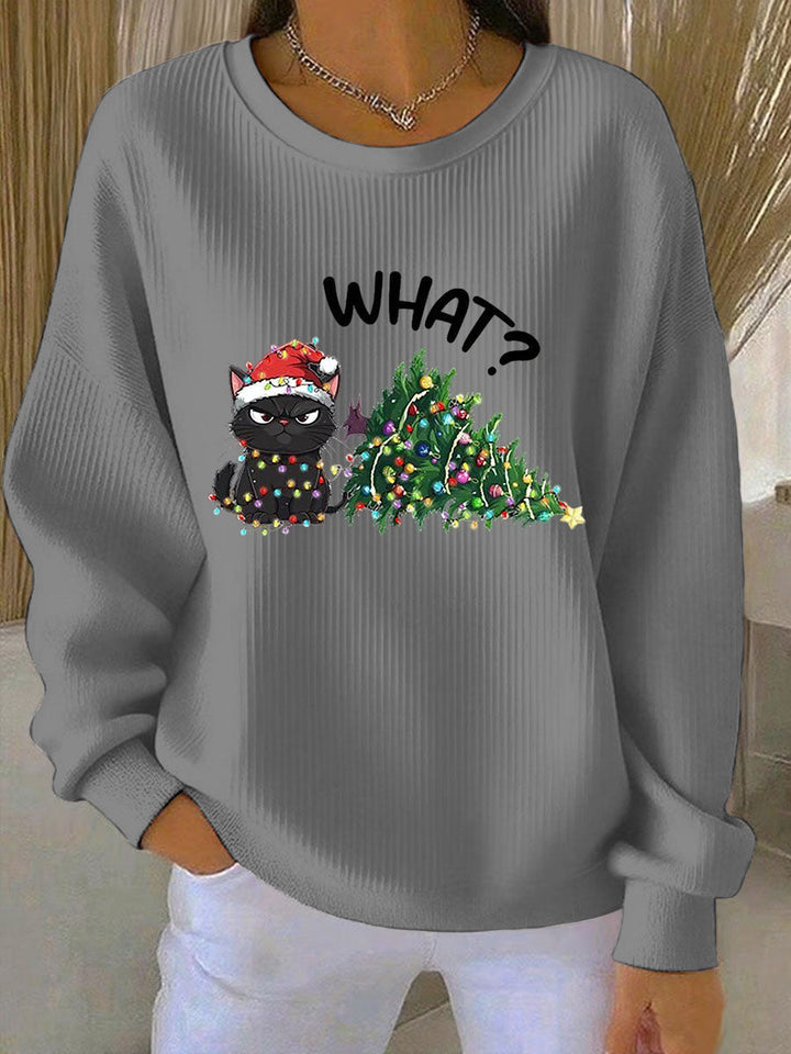Damen Weihnachts-Ripp-Rundhals-Sweatshirt mit Rundhalsausschnitt und langen Ärmeln