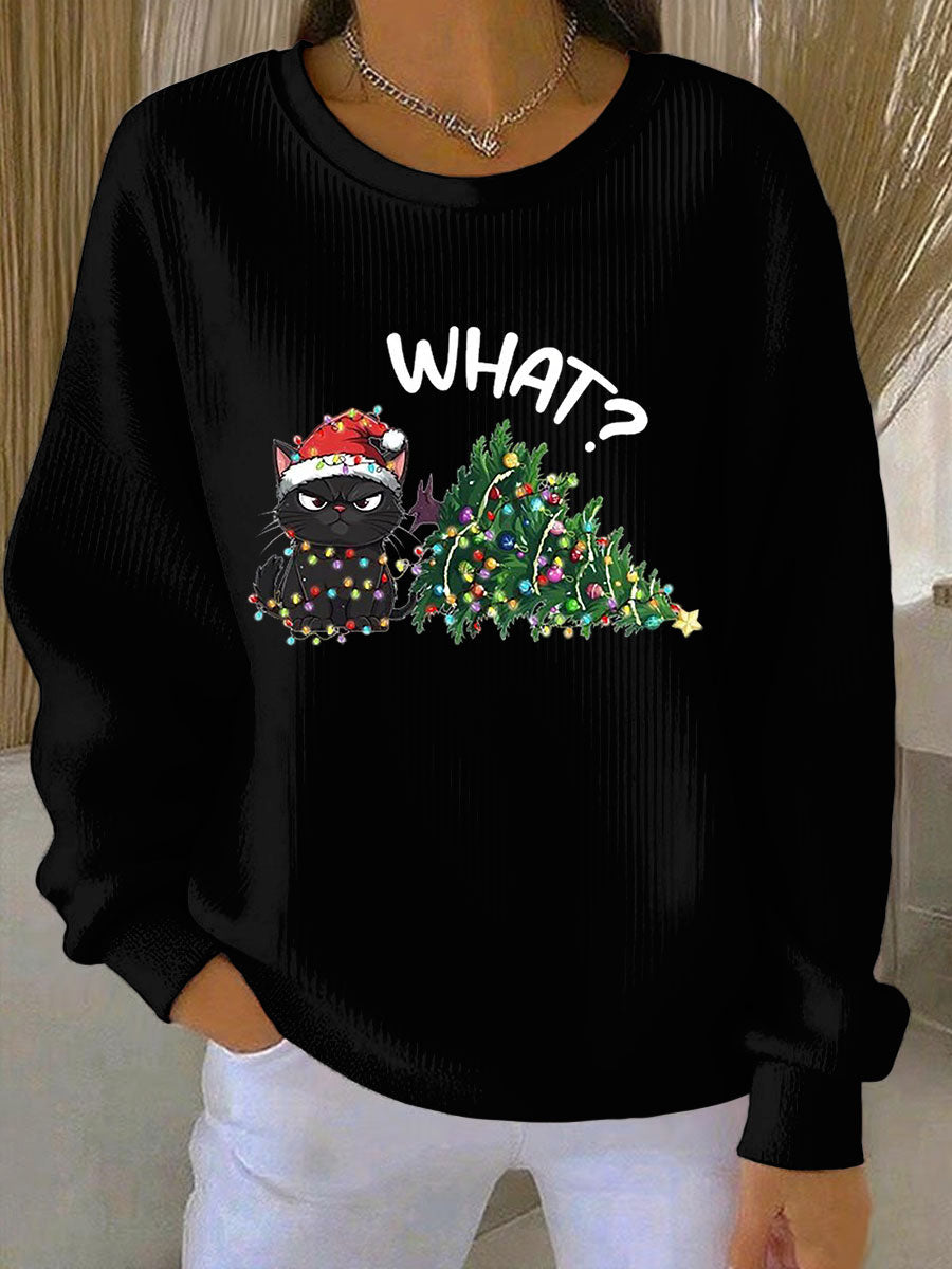 Damen Weihnachts-Ripp-Rundhals-Sweatshirt mit Rundhalsausschnitt und langen Ärmeln