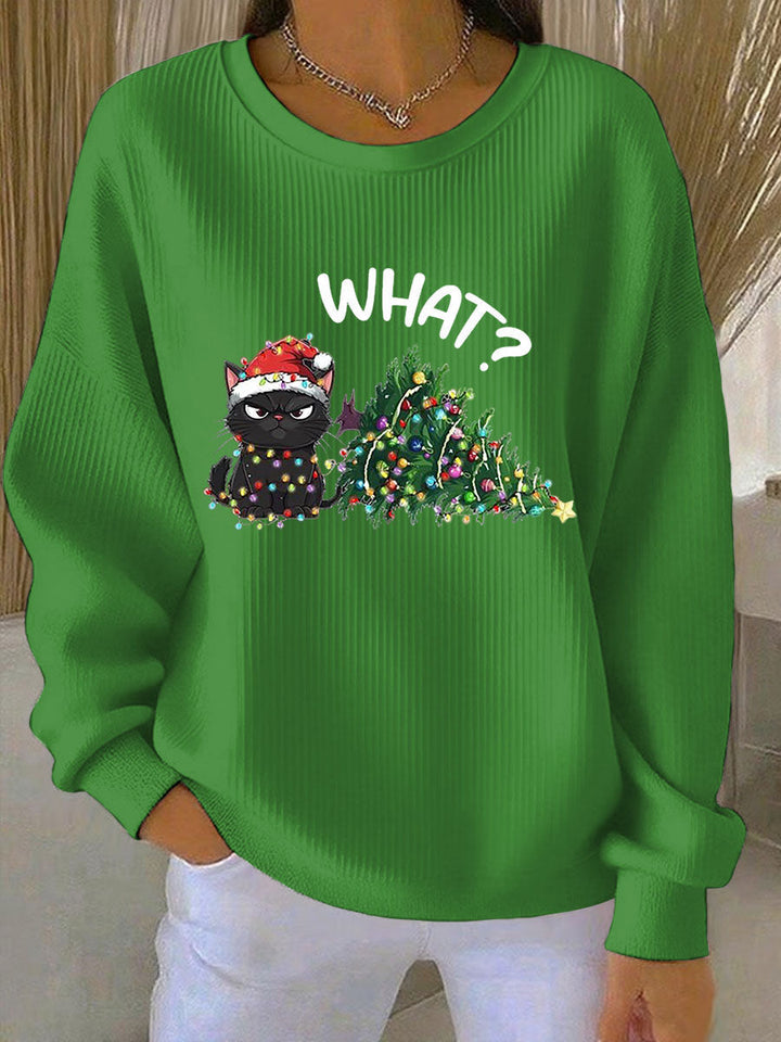 Damen Weihnachts-Ripp-Rundhals-Sweatshirt mit Rundhalsausschnitt und langen Ärmeln