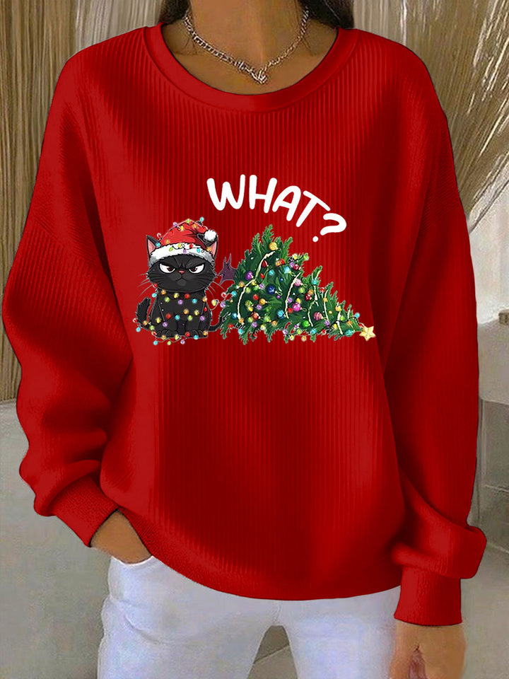 Damen Weihnachts-Ripp-Rundhals-Sweatshirt mit Rundhalsausschnitt und langen Ärmeln