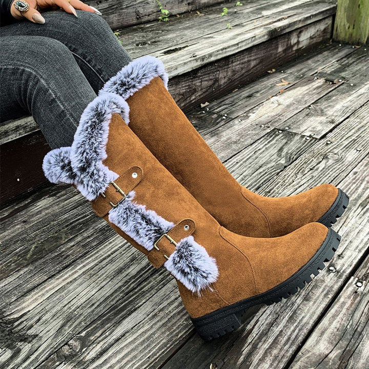Damen Dicke Plüsch Mid-Calf Schneestiefel mit niedrigem Absatz