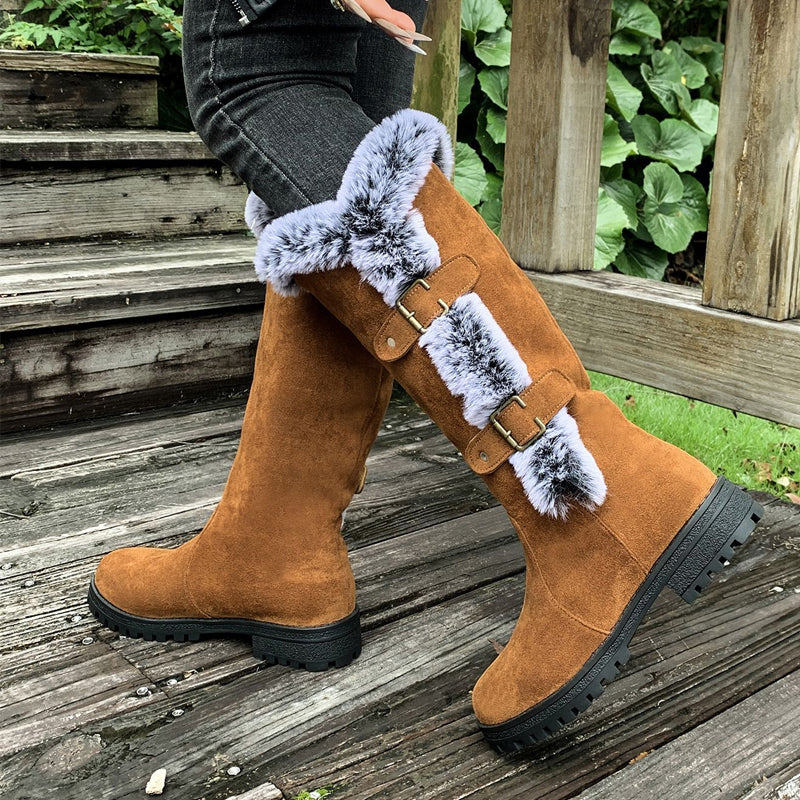 Damen Dicke Plüsch Mid-Calf Schneestiefel mit niedrigem Absatz