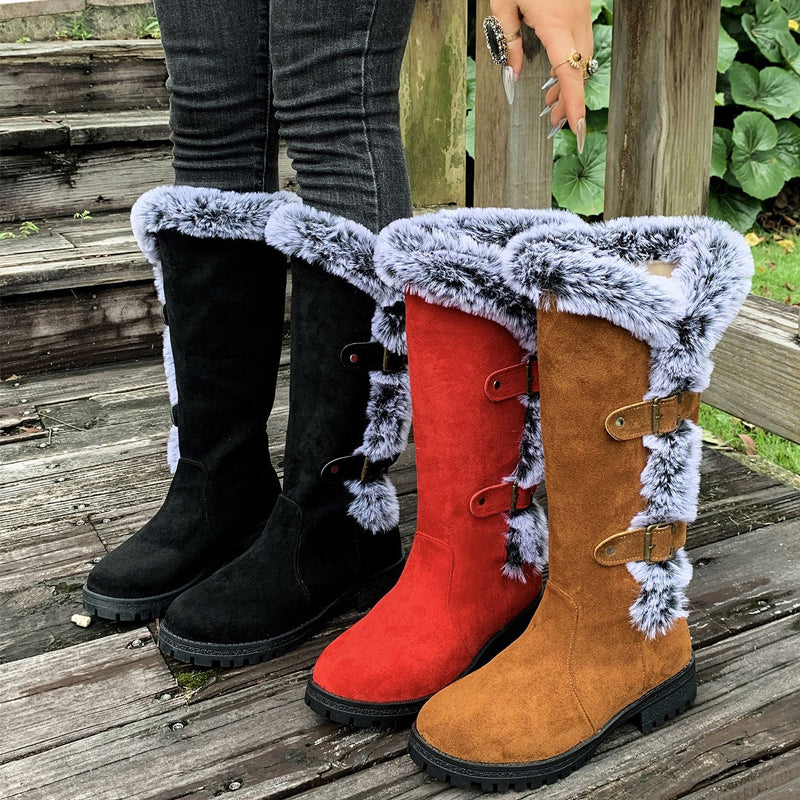 Damen Dicke Plüsch Mid-Calf Schneestiefel mit niedrigem Absatz
