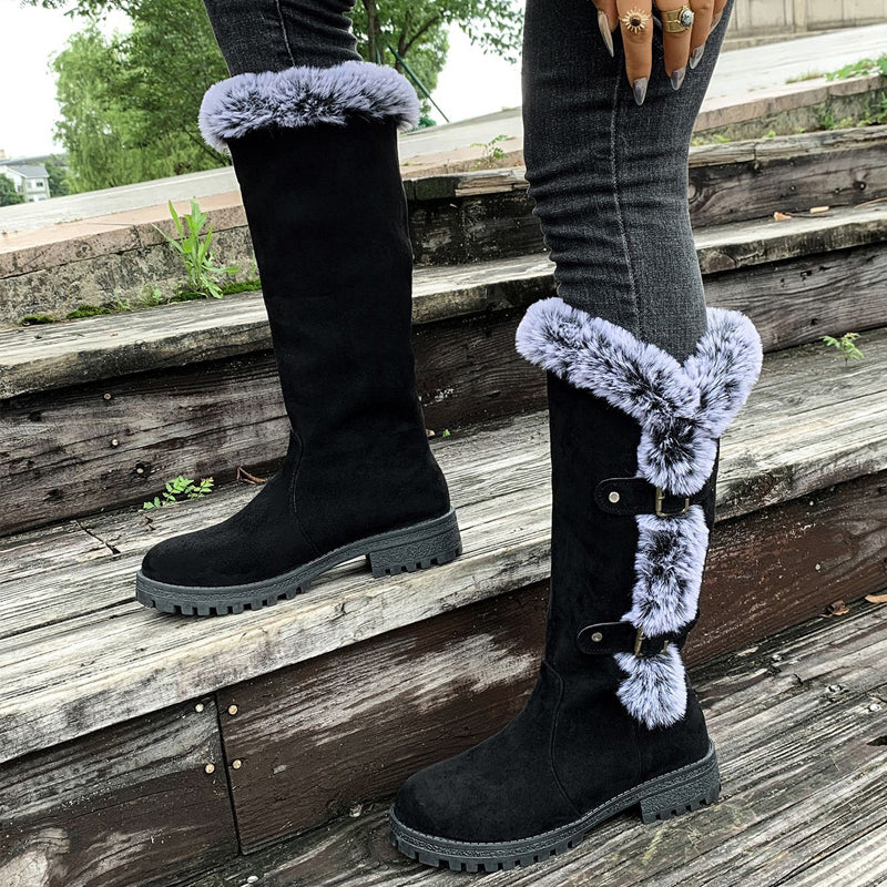 Damen Dicke Plüsch Mid-Calf Schneestiefel mit niedrigem Absatz