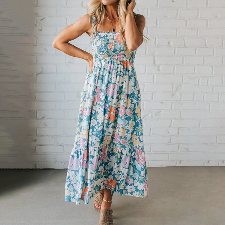 Blumenkleid Maxi für Damen mit gerafftem Oberteil und verstellbaren Trägern