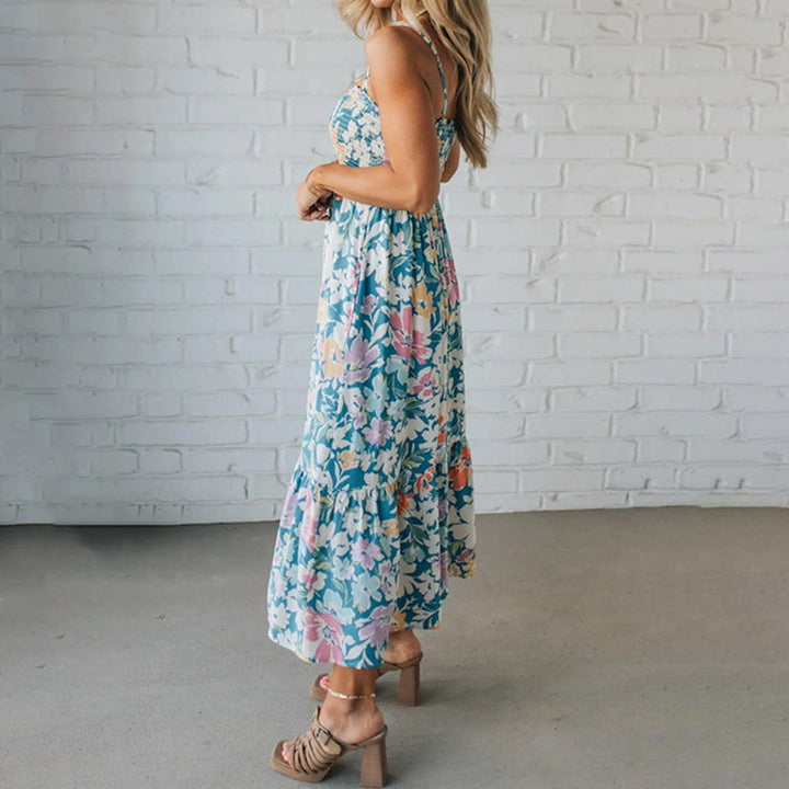 Blumenkleid Maxi für Damen mit gerafftem Oberteil und verstellbaren Trägern