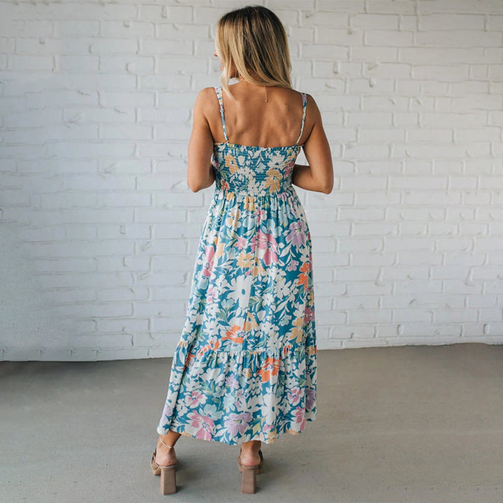 Blumenkleid Maxi für Damen mit gerafftem Oberteil und verstellbaren Trägern