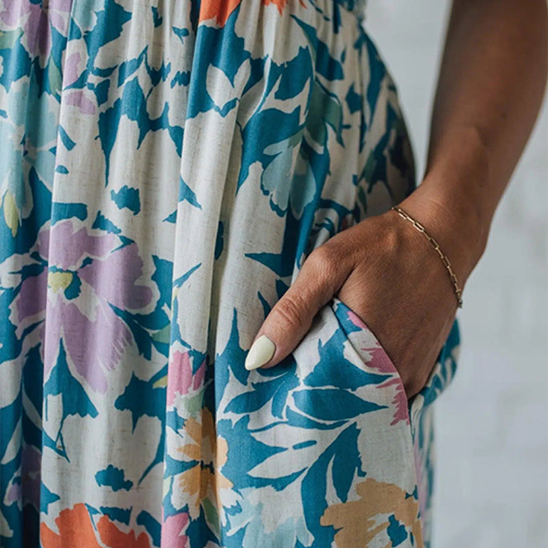 Blumenkleid Maxi für Damen mit gerafftem Oberteil und verstellbaren Trägern