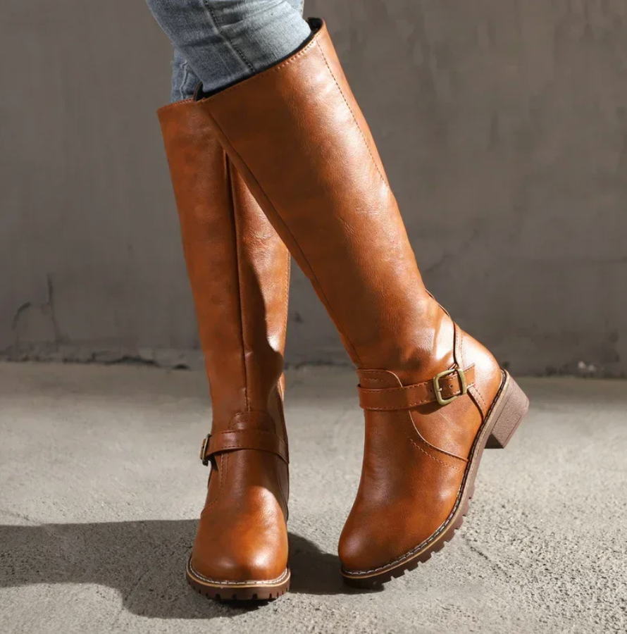 Damen Stiefel mit Blockabsatz und Schnalle