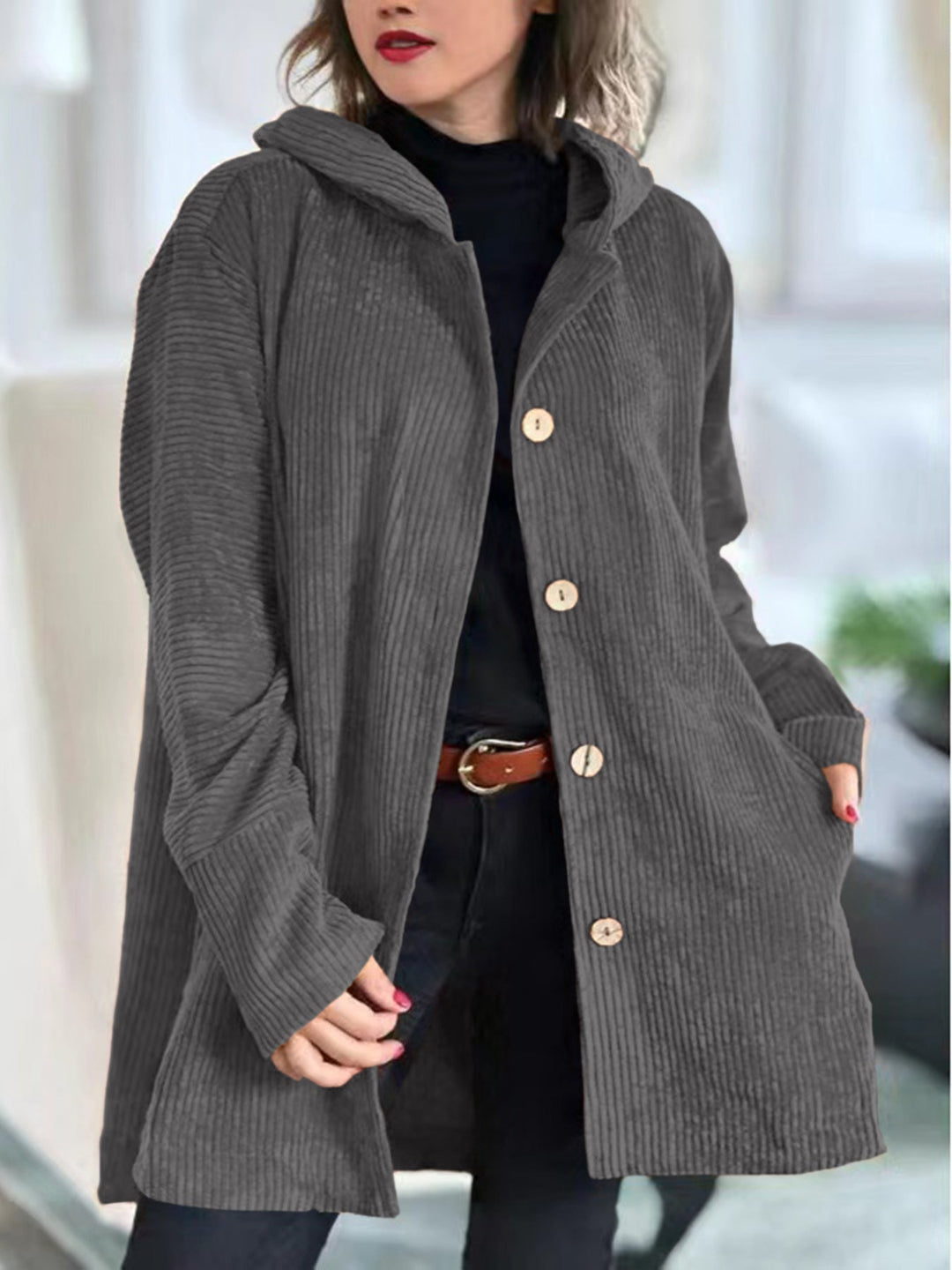 Damen Jacke mit Kapuze, Knöpfen und Taschen