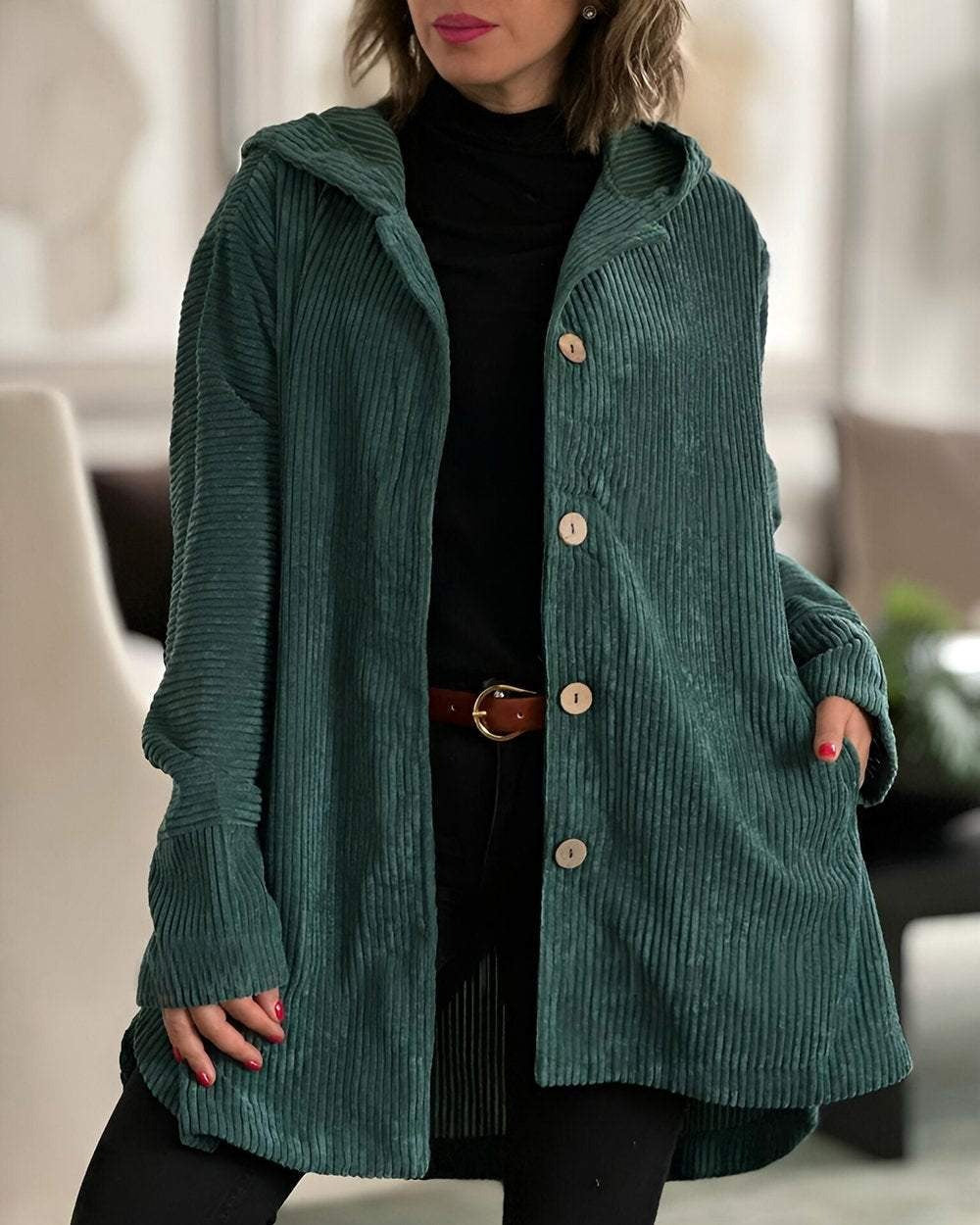 Damen Jacke mit Kapuze, Knöpfen und Taschen