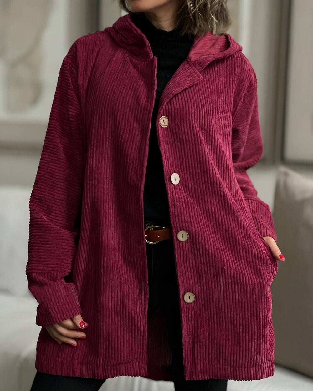 Damen Jacke mit Kapuze, Knöpfen und Taschen