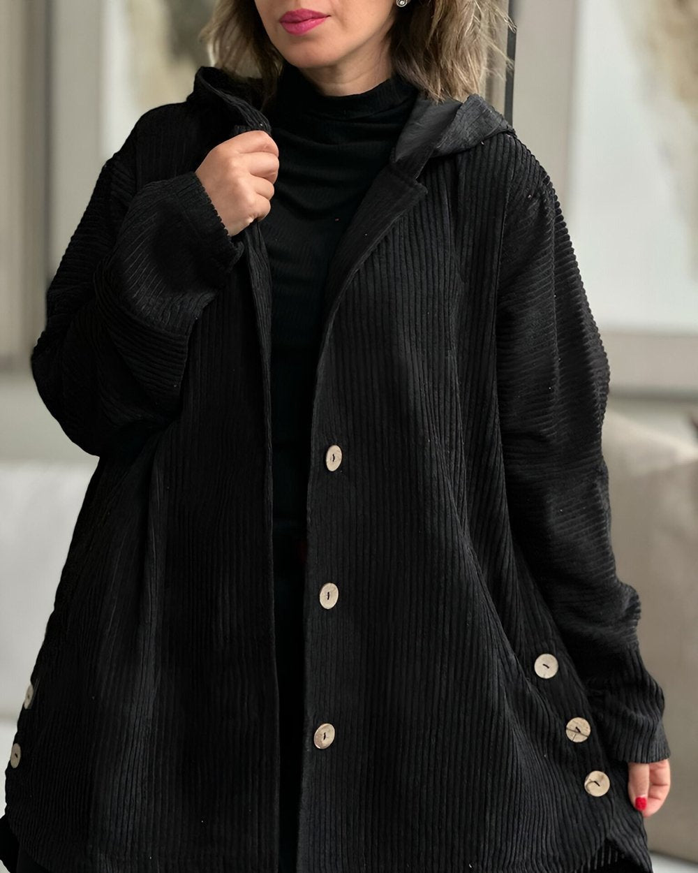 Damen Jacke mit Kapuze, Knöpfen und Taschen