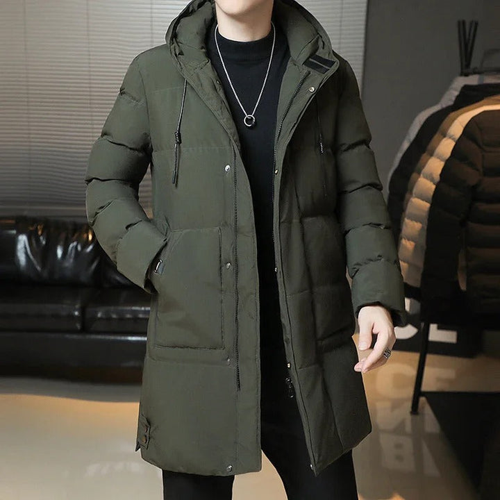 Elegante Lange Winterjacke für Herren mit Kapuze und langen Ärmeln