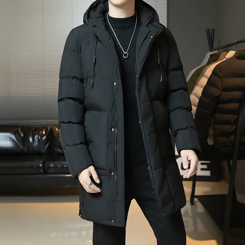 Elegante Lange Winterjacke für Herren mit Kapuze und langen Ärmeln