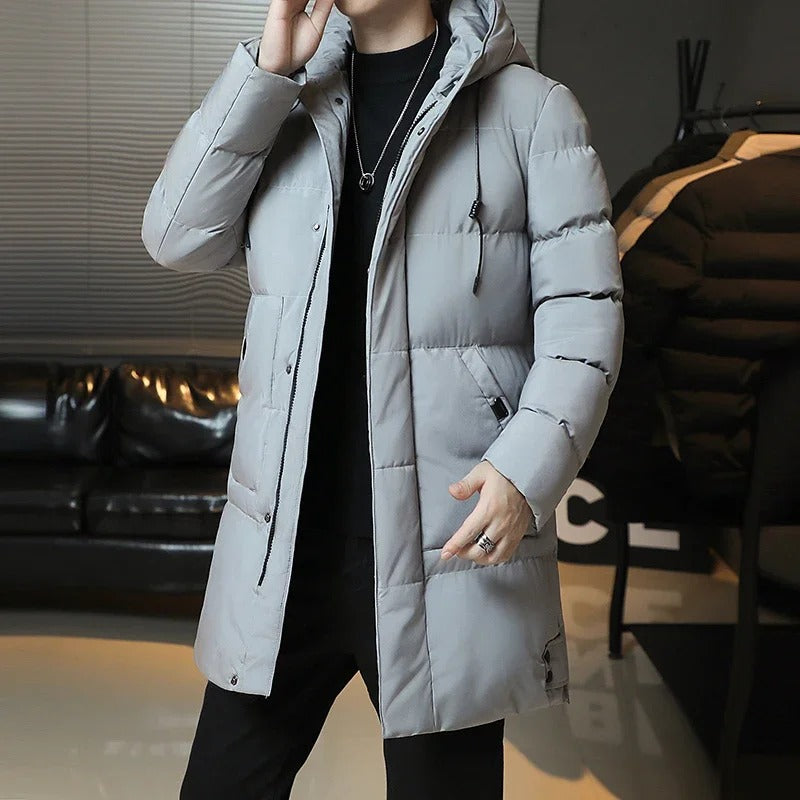 Elegante Lange Winterjacke für Herren mit Kapuze und langen Ärmeln