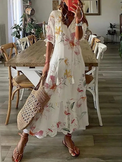 Dianna | Boho Bauchbedeckendes Kleid mit V-Ausschnitt und langen Ärmeln