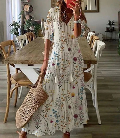 Dianna | Boho Bauchbedeckendes Kleid mit V-Ausschnitt und langen Ärmeln