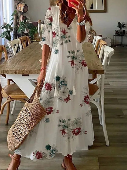 Emily | Boho Bauchbedeckendes Kleid mit V-Ausschnitt und langen Ärmeln