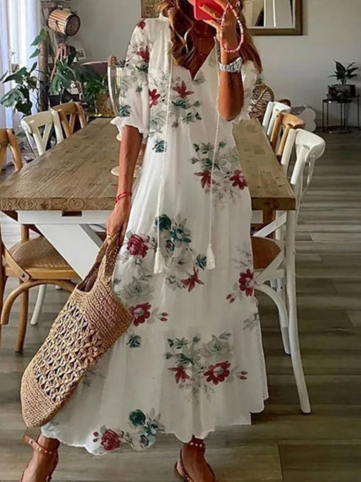 Sophia | Boho Vintage Sommerkleid für Damen mit Blumenmuster und V-Ausschnitt