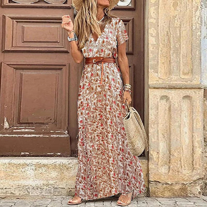 Famke | Maxi Ibiza Kleid | Inklusive Gürtel mit Sternenmuster und V-Ausschnitt