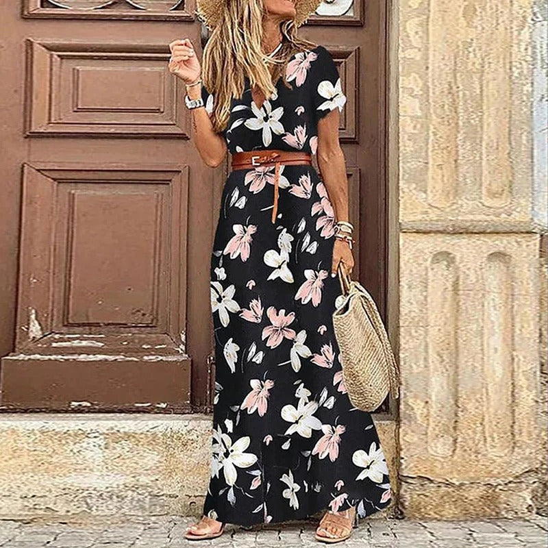 Teske | Maxi Ibiza Kleid | Inklusive Gürtel mit Sternenmuster und V-Ausschnitt