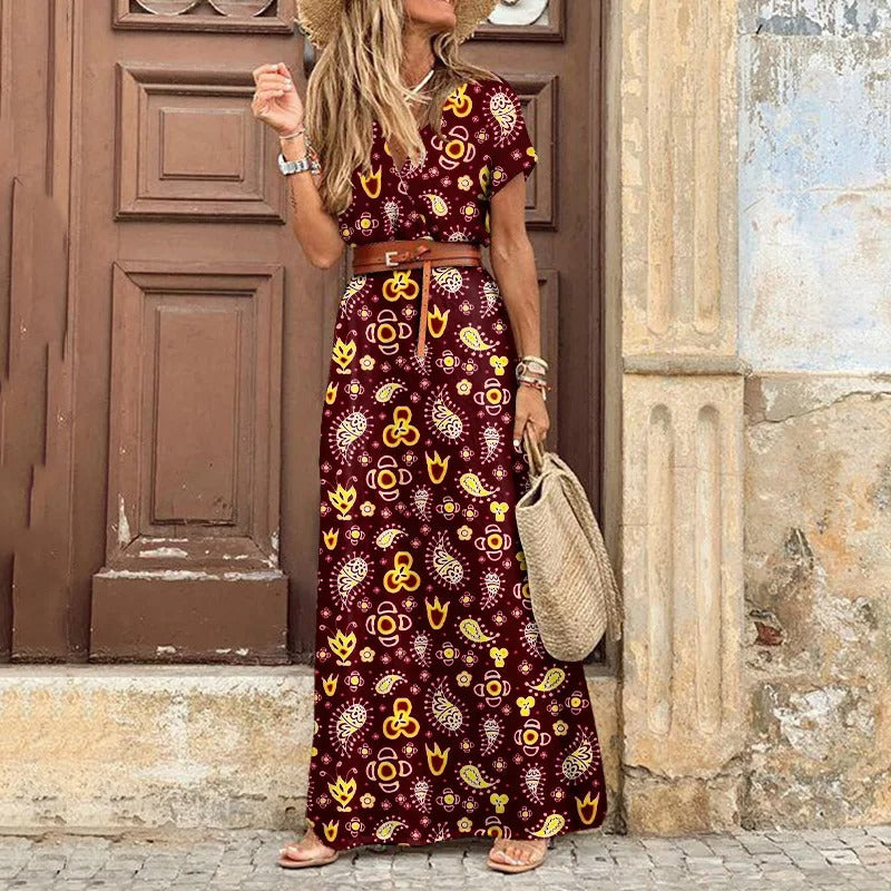 Marith | Maxi Ibiza Kleid | Inklusive Gürtel mit Sternenmuster und V-Ausschnitt