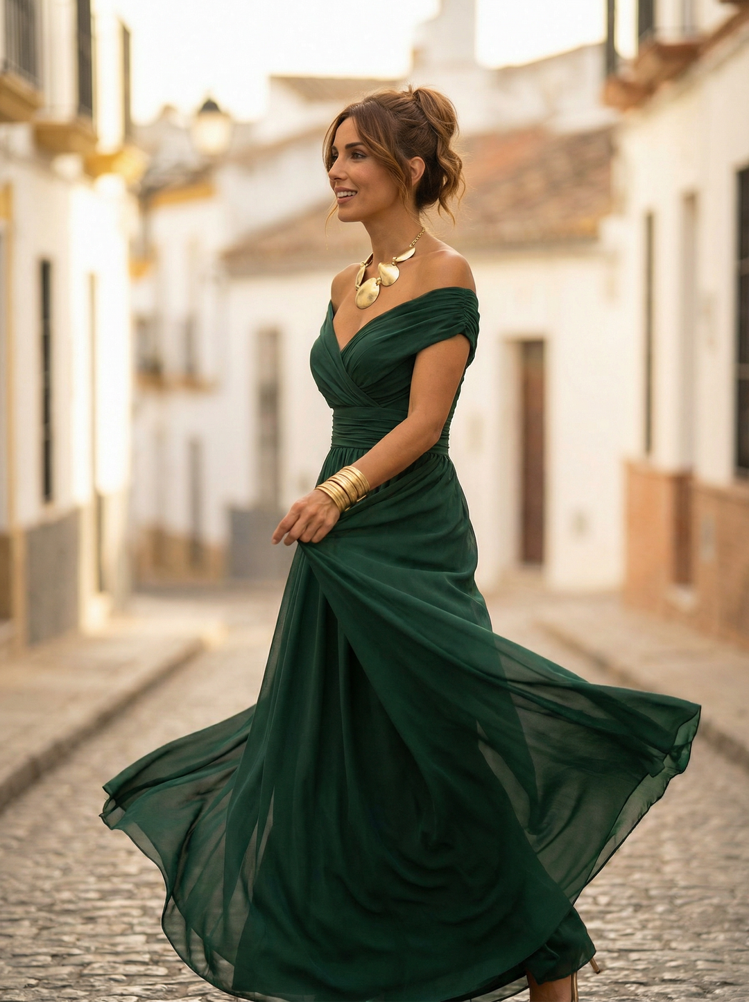 Nele | Damen Maxikleid mit V-Ausschnitt im Off-Shoulder-Stil