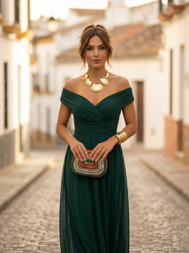 Nele | Damen Maxikleid mit V-Ausschnitt im Off-Shoulder-Stil
