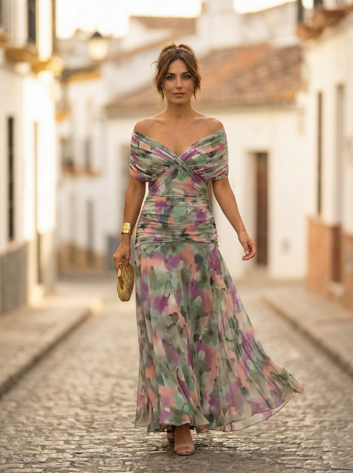 Nele | Damen Maxikleid mit V-Ausschnitt im Off-Shoulder-Stil