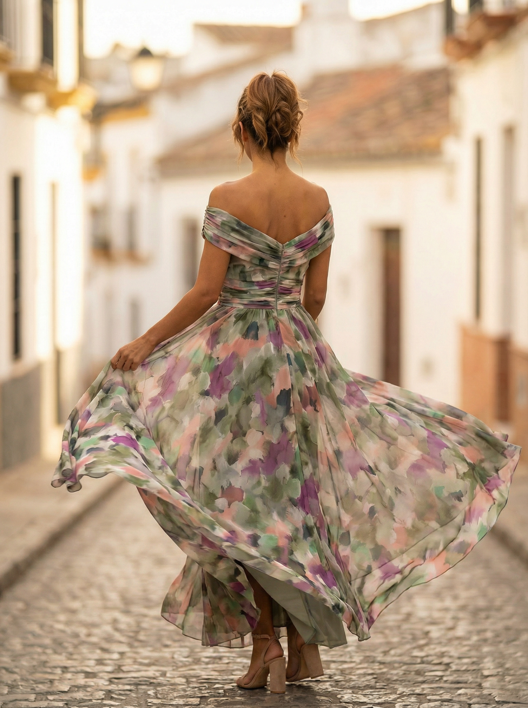 Nele | Damen Maxikleid mit V-Ausschnitt im Off-Shoulder-Stil