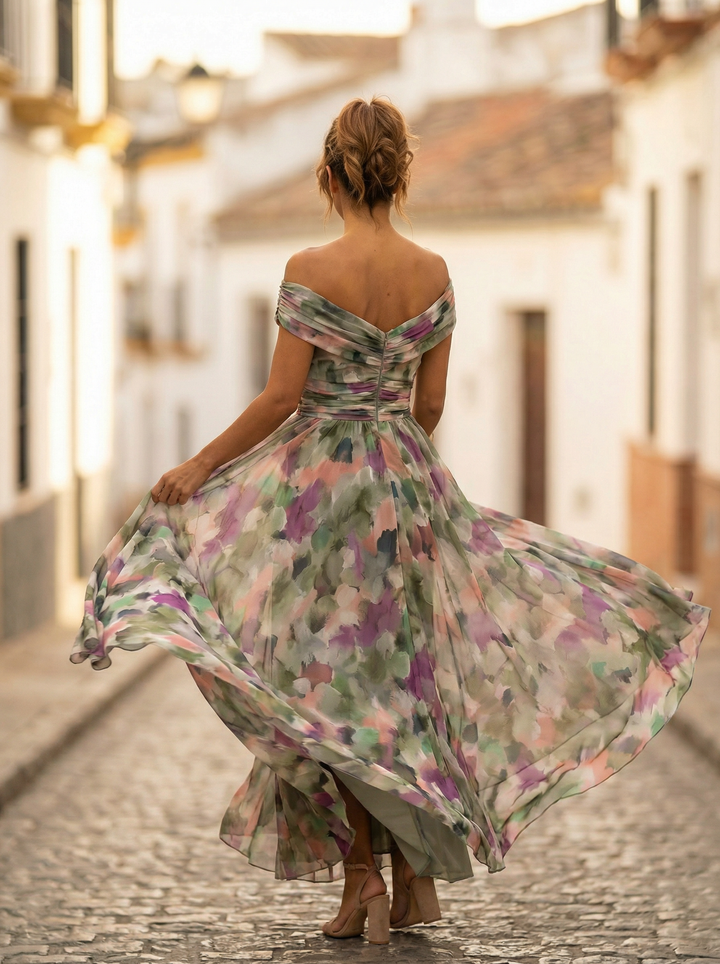 Nele | Damen Maxikleid mit V-Ausschnitt im Off-Shoulder-Stil