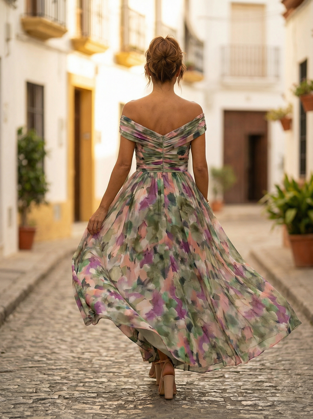 Nele | Damen Maxikleid mit V-Ausschnitt im Off-Shoulder-Stil
