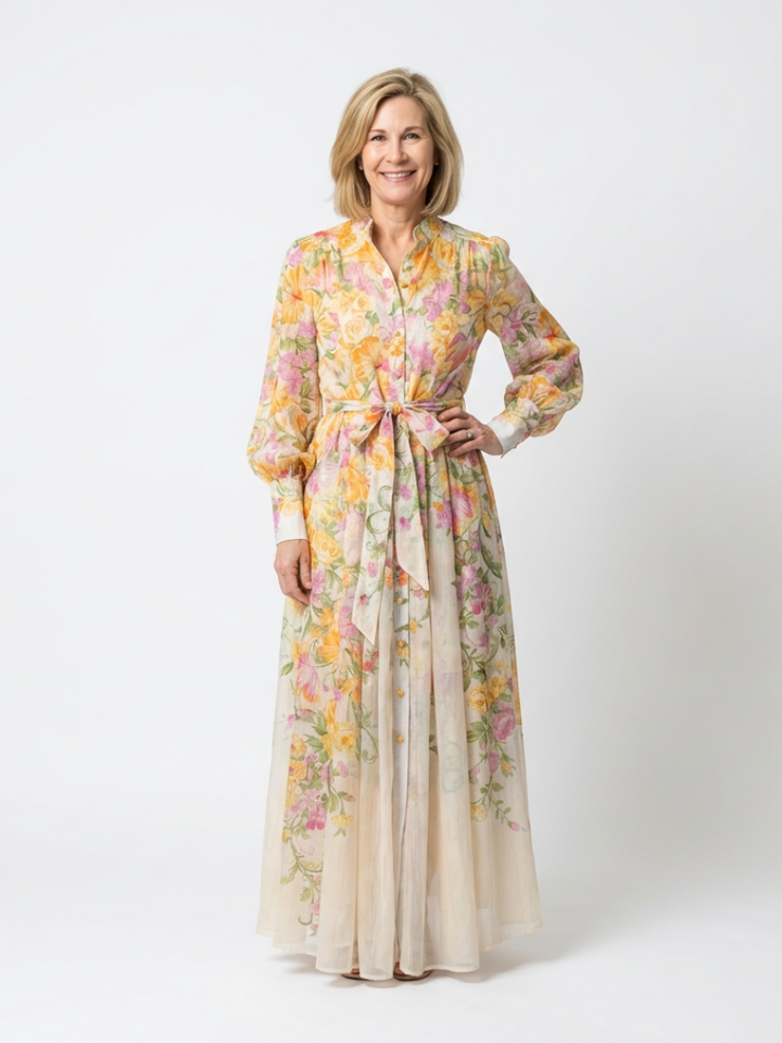 Cressida | Florales, transparentes Maxikleid für Damen mit langen Ärmeln