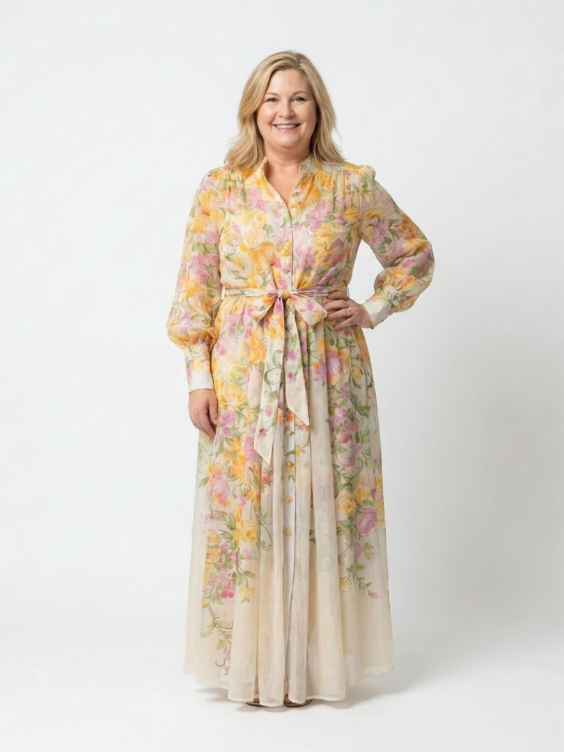 Cressida | Florales, transparentes Maxikleid für Damen mit langen Ärmeln