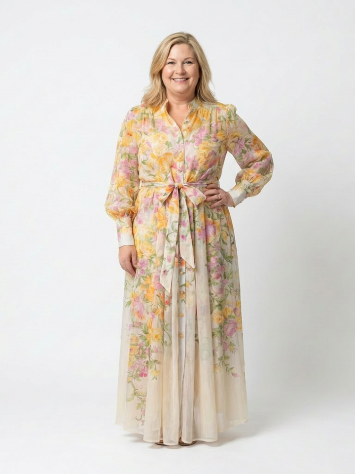 Cressida | Florales, transparentes Maxikleid für Damen mit langen Ärmeln