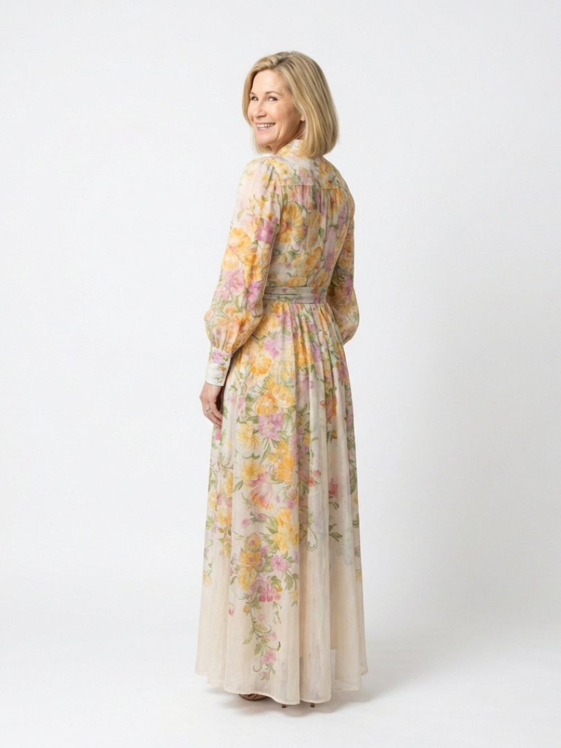 Cressida | Florales, transparentes Maxikleid für Damen mit langen Ärmeln