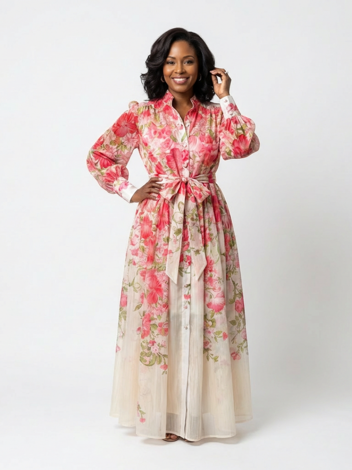 Cressida | Florales, transparentes Maxikleid für Damen mit langen Ärmeln