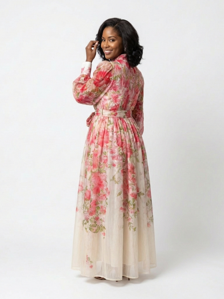 Cressida | Florales, transparentes Maxikleid für Damen mit langen Ärmeln
