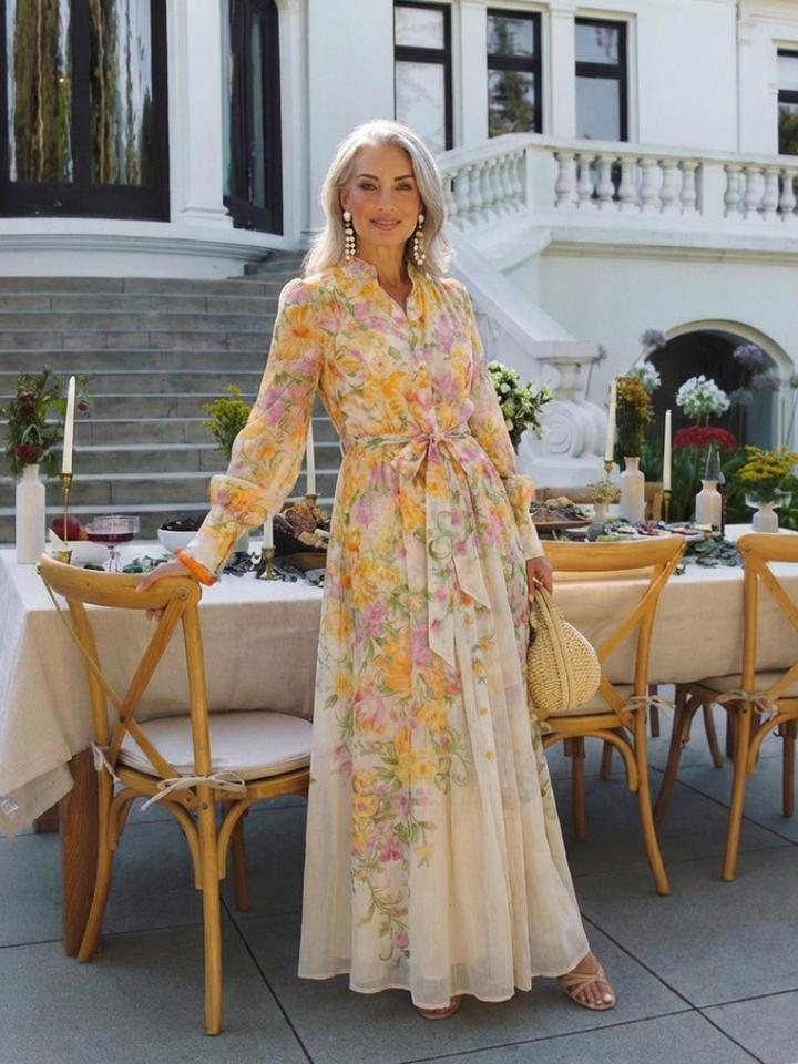 Cressida | Florales, transparentes Maxikleid für Damen mit langen Ärmeln