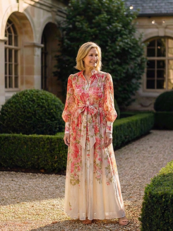 Cressida | Florales, transparentes Maxikleid für Damen mit langen Ärmeln