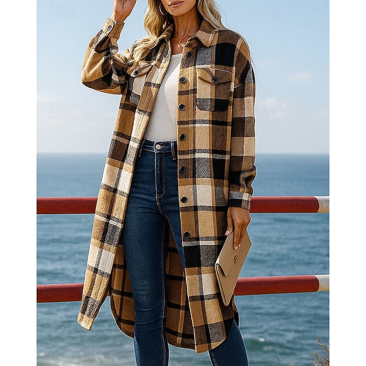 Damen Karo-Mantel im Longline-Schnitt mit Knöpfen und Taschen
