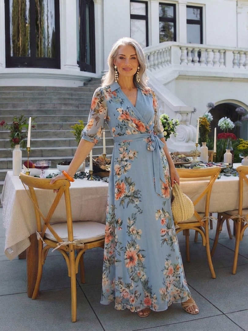 Elowen | Florales Wickel-V-Ausschnitt Maxikleid für Damen