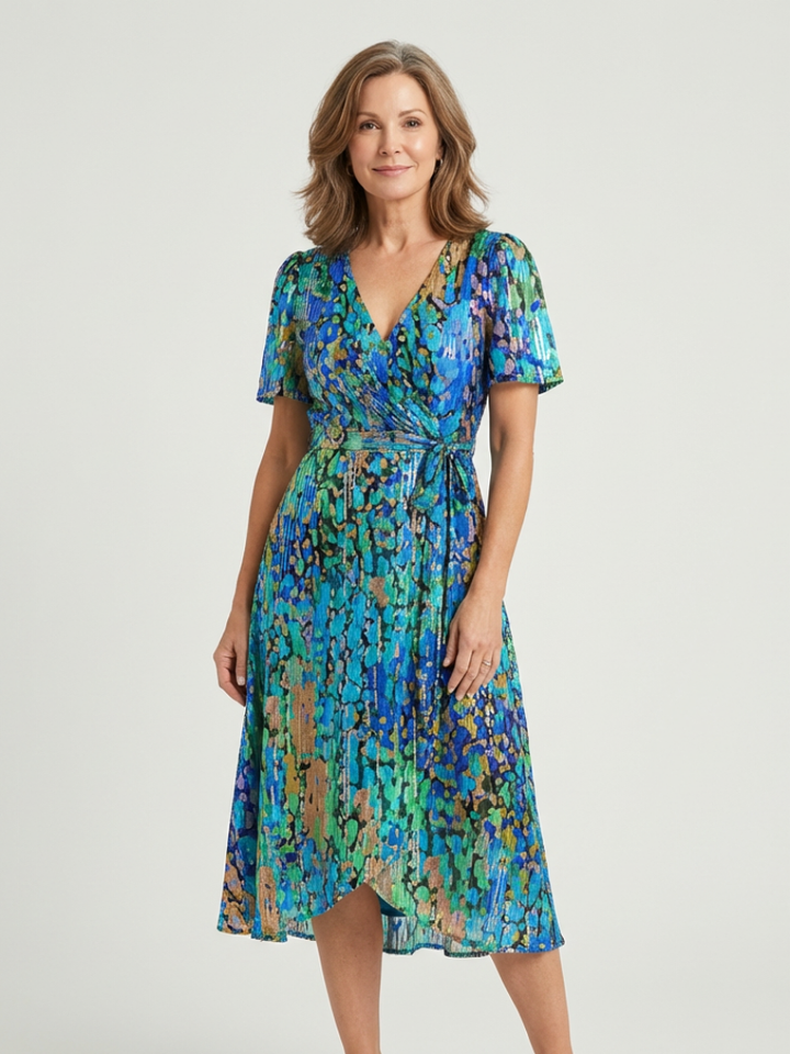 Zafrina | Midi-Kleid für Damen mit abstraktem Muster und V-Ausschnitt