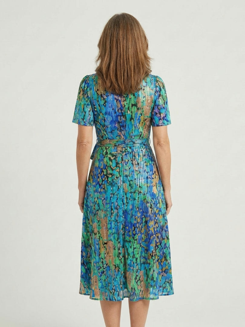 Zafrina | Midi-Kleid für Damen mit abstraktem Muster und V-Ausschnitt