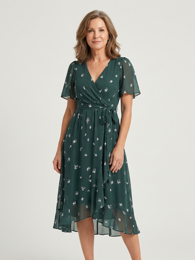 Zafrina | Midi-Kleid für Damen mit abstraktem Muster und V-Ausschnitt