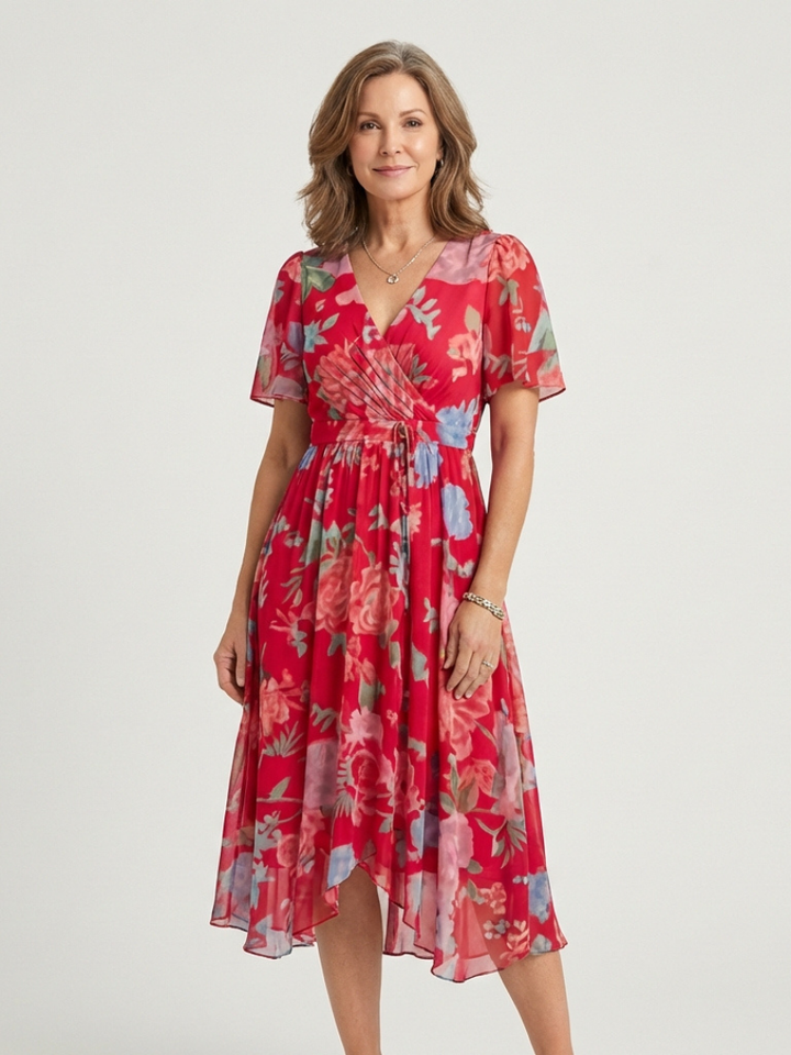 Zafrina | Midi-Kleid für Damen mit abstraktem Muster und V-Ausschnitt