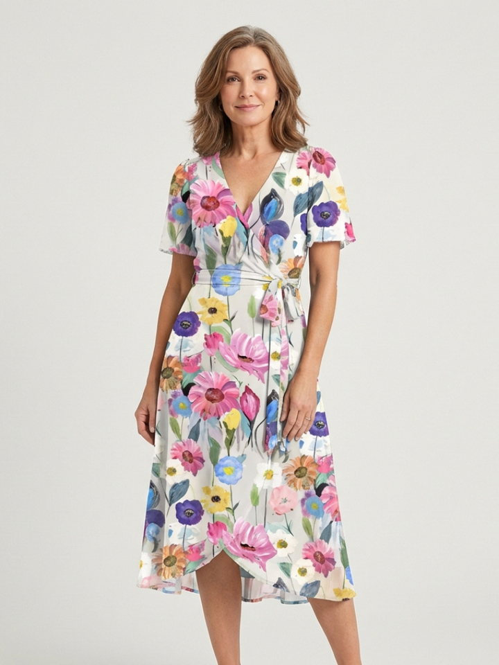 Zafrina | Midi-Kleid für Damen mit abstraktem Muster und V-Ausschnitt